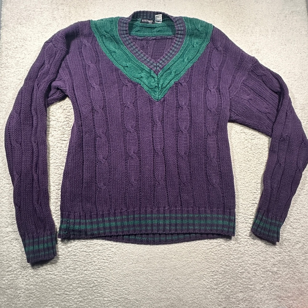 Vintage 90s Stefano Man Sweater Mens L Purple Green Cable Knit V-Neck Tennis VTG